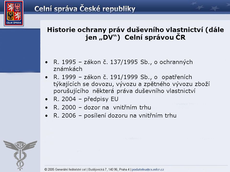 Historie ochrany práv duševního vlastnictví (dále jen „DV ) Celní správou ČR