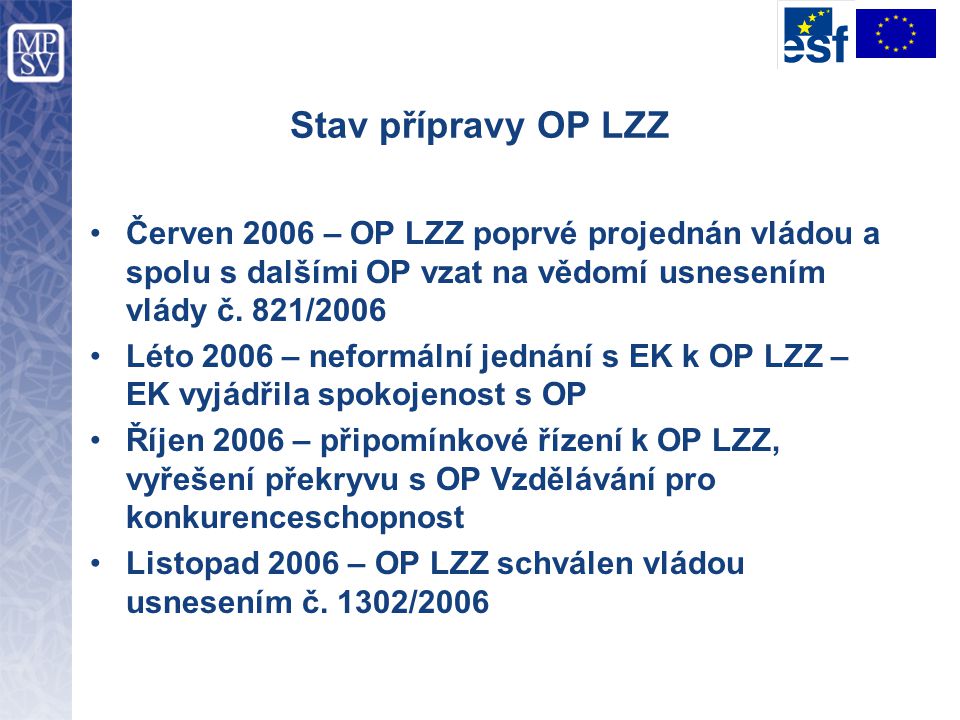 Stav přípravy OP LZZ Červen 2006 – OP LZZ poprvé projednán vládou a spolu s dalšími OP vzat na vědomí usnesením vlády č. 821/2006.