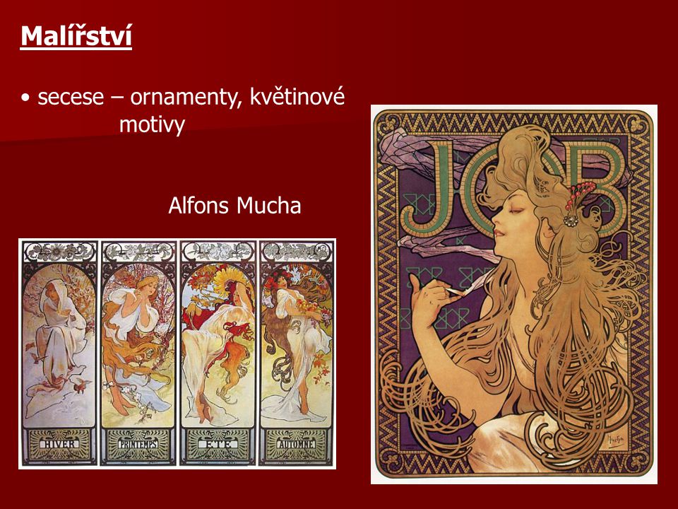 Malířství secese – ornamenty, květinové motivy Alfons Mucha