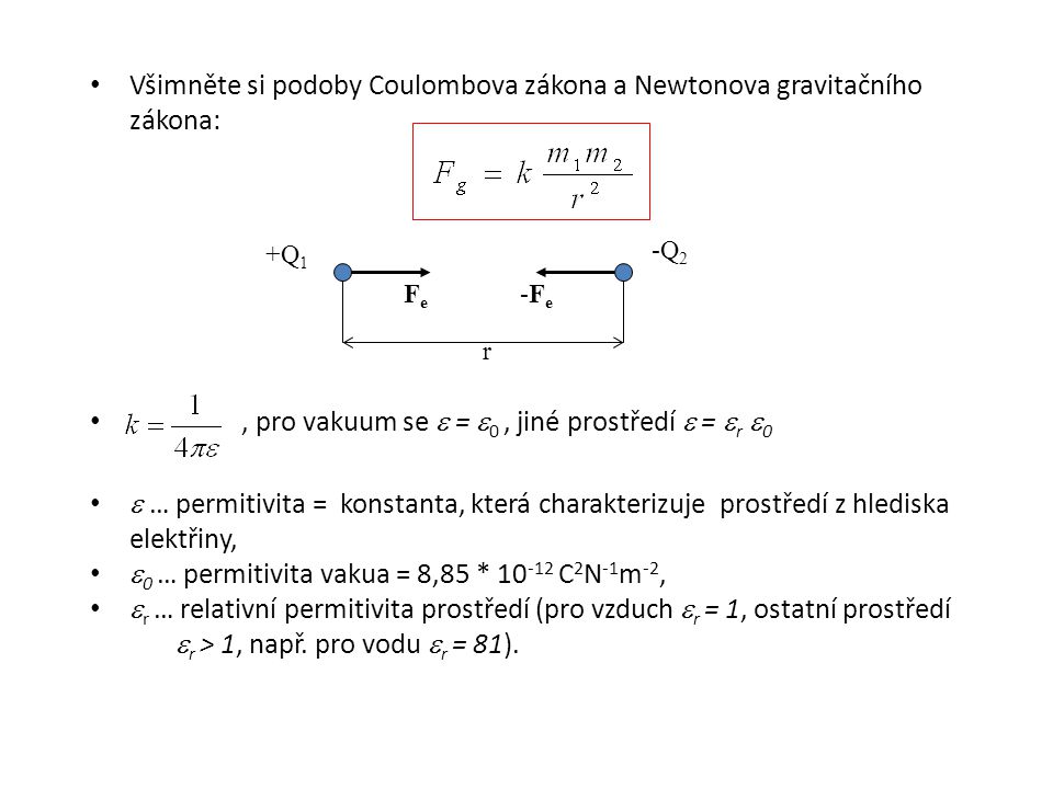 Všimněte si podoby Coulombova zákona a Newtonova gravitačního zákona: