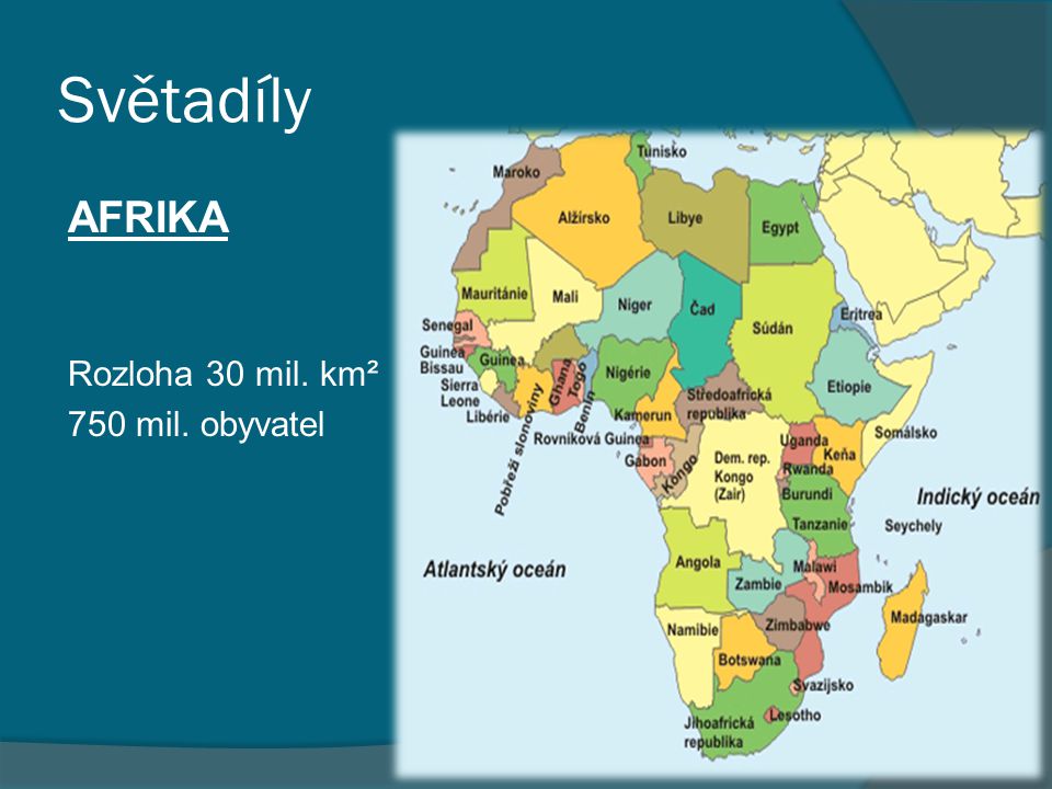 Světadíly AFRIKA Rozloha 30 mil. km² 750 mil. obyvatel