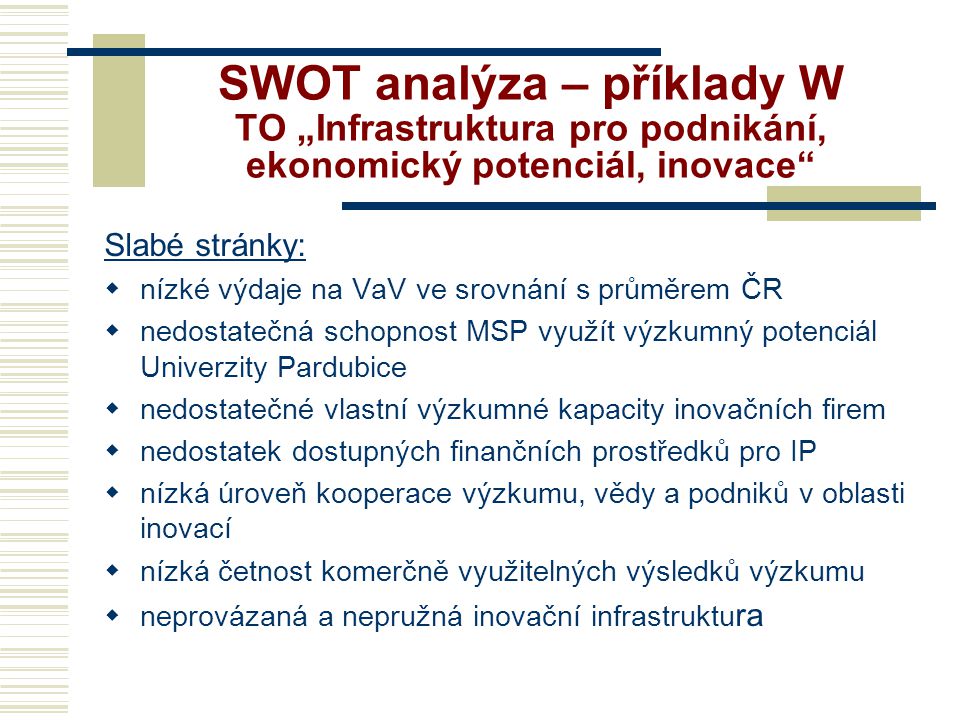SWOT analýza – příklady W TO „Infrastruktura pro podnikání, ekonomický potenciál, inovace
