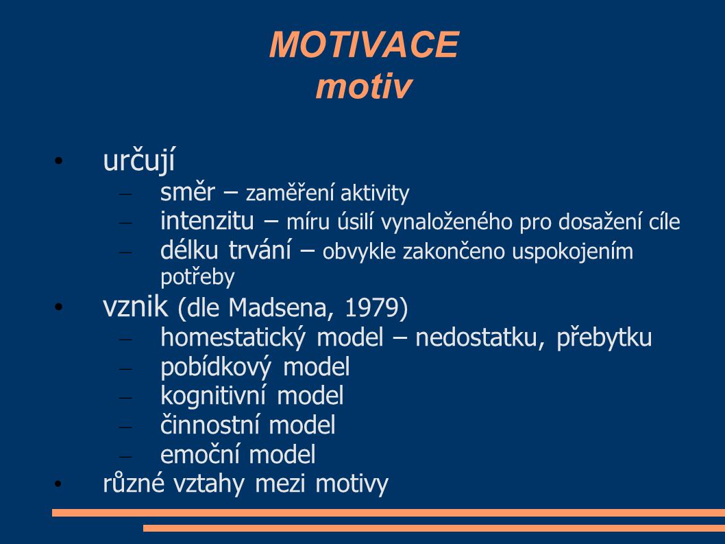 MOTIVACE motiv určují vznik (dle Madsena, 1979)