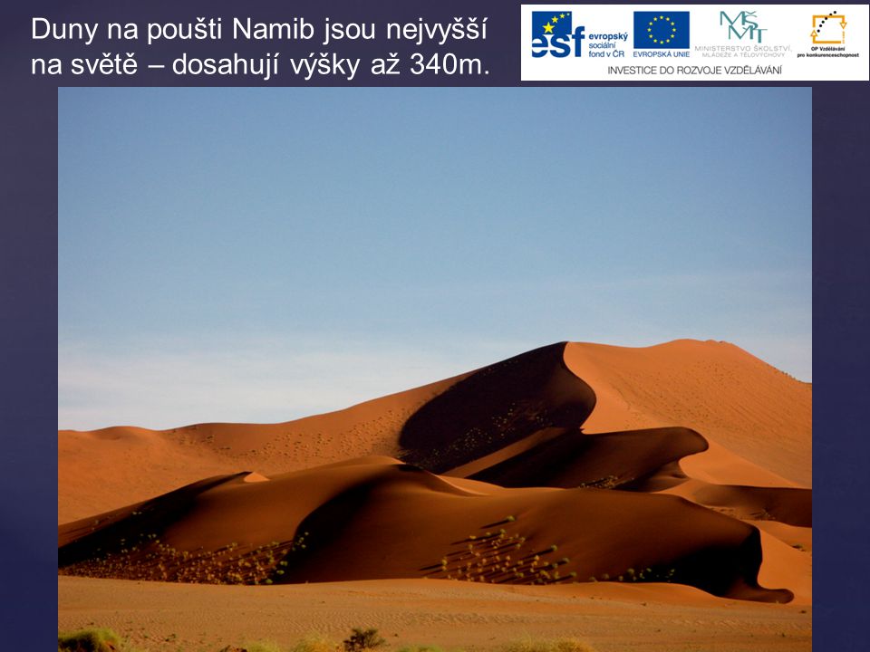 Duny na poušti Namib jsou nejvyšší na světě – dosahují výšky až 340m.