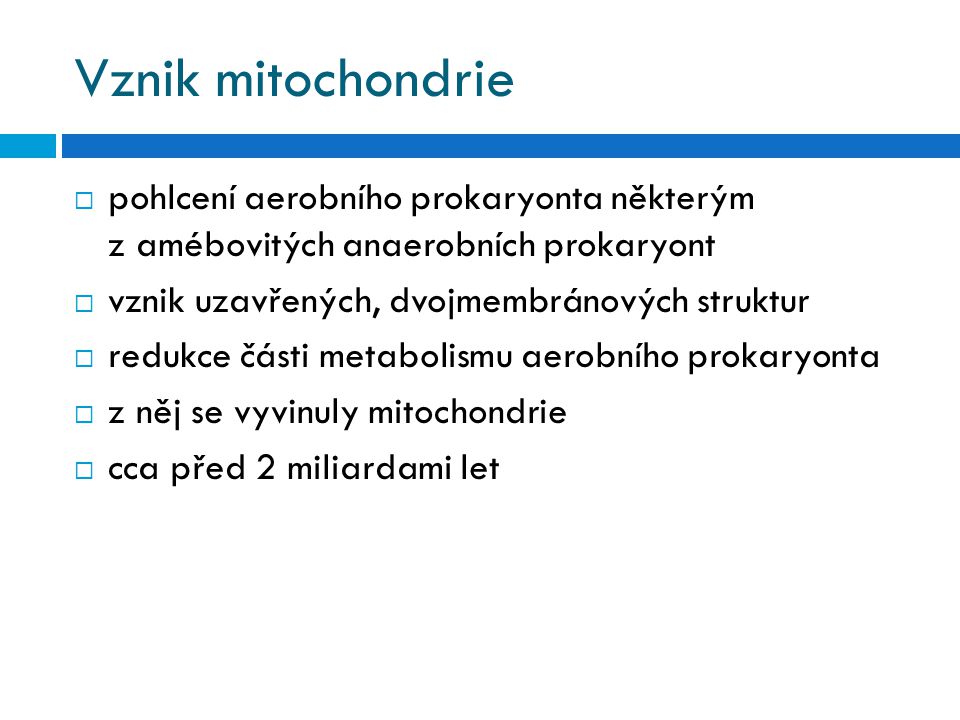 Vznik mitochondrie pohlcení aerobního prokaryonta některým z amébovitých anaerobních prokaryont. vznik uzavřených, dvojmembránových struktur.