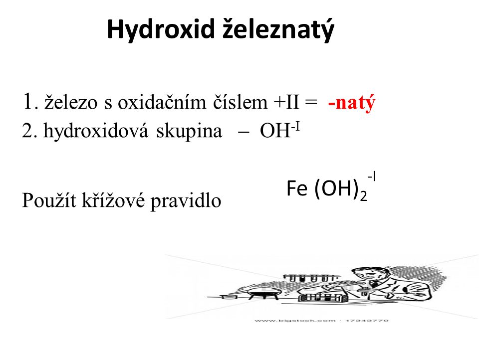 Hydroxid železnatý 1. železo s oxidačním číslem +II = -natý Fe (OH)2-I