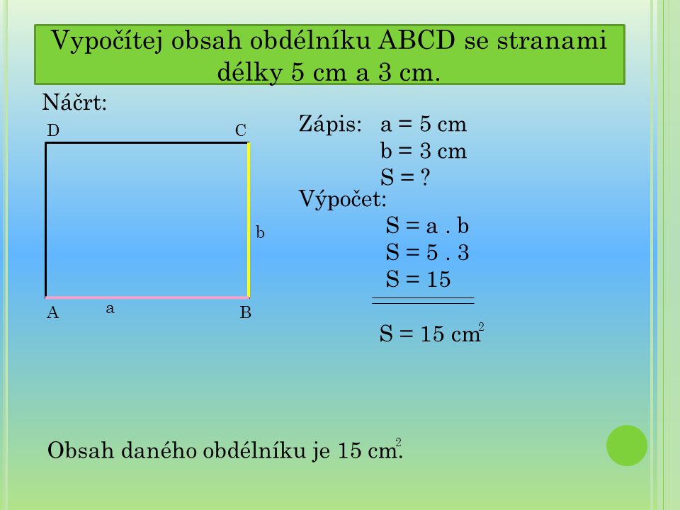 Vypočítej obsah obdélníku ABCD se stranami délky 5 cm a 3 cm.