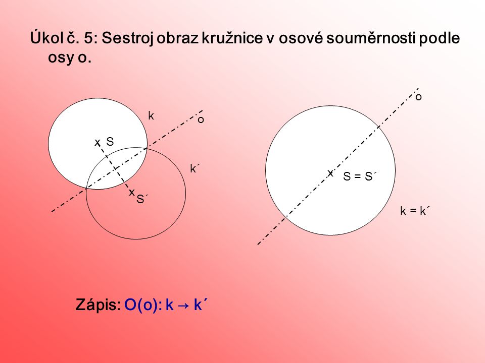 Úkol č. 5: Sestroj obraz kružnice v osové souměrnosti podle osy o.