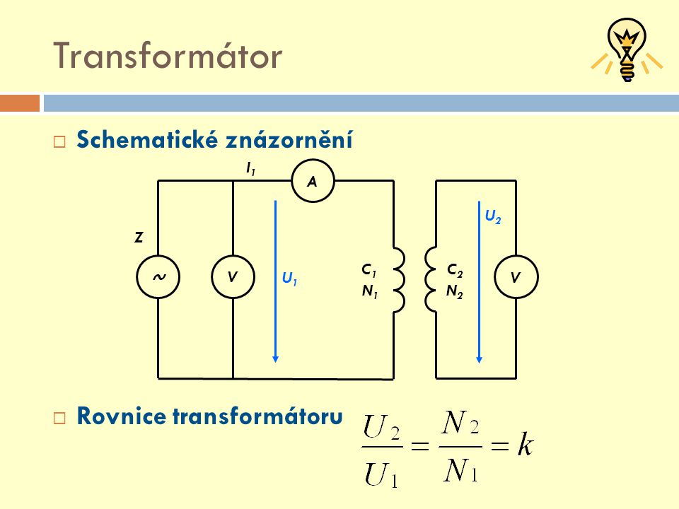 Transformátor Schematické znázornění Rovnice transformátoru A V ~ I1