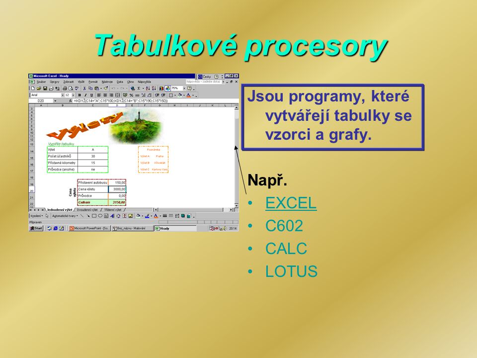 Tabulkové procesory Jsou programy, které vytvářejí tabulky se vzorci a grafy. Např. EXCEL. C602.