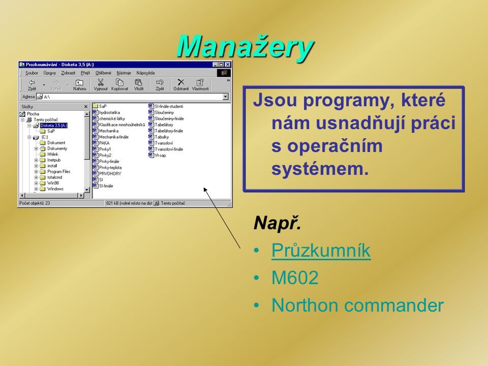Manažery Jsou programy, které nám usnadňují práci s operačním systémem.