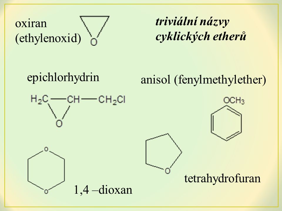 triviální názvy cyklických etherů. oxiran. (ethylenoxid) epichlorhydrin. anisol (fenylmethylether)