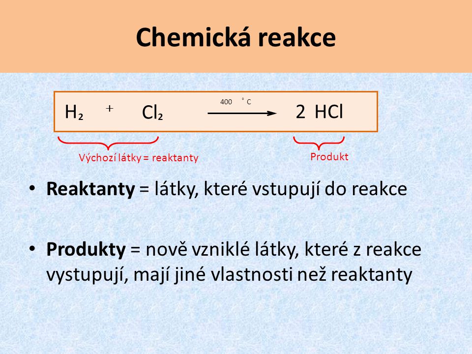 Chemická reakce Reaktanty = látky, které vstupují do reakce