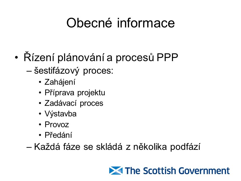 Obecné informace Řízení plánování a procesů PPP šestifázový proces: