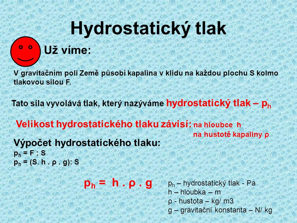Hydrostatický tlak Už víme: ph = h . ρ . g