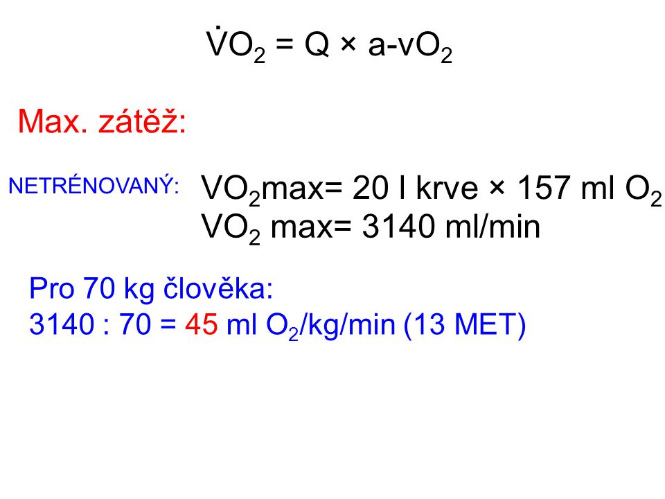 . VO2 = Q × a-vO2 Max. zátěž: VO2max= 20 l krve × 157 ml O2