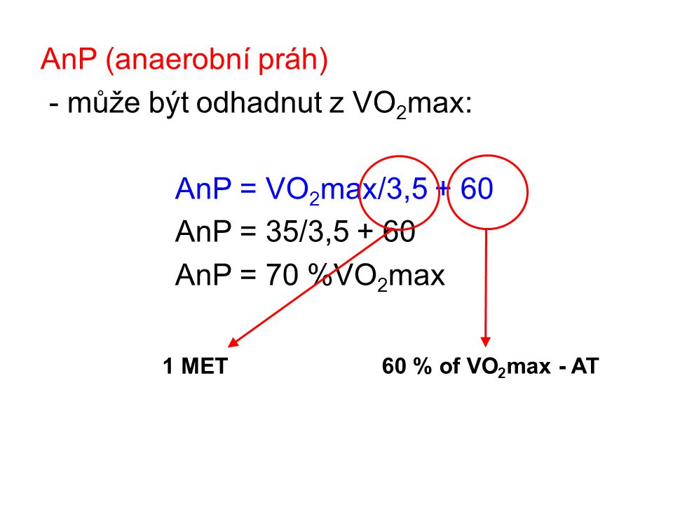 - může být odhadnut z VO2max: AnP = VO2max/3, AnP = 35/3,