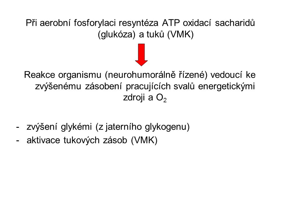 Při aerobní fosforylaci resyntéza ATP oxidací sacharidů (glukóza) a tuků (VMK)