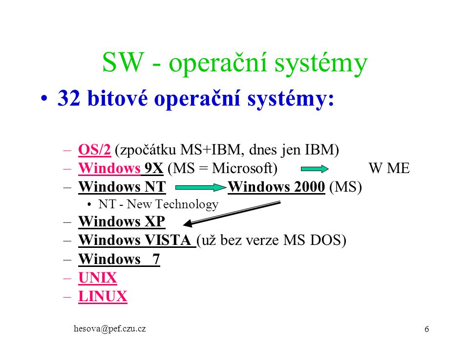 SW - operační systémy 32 bitové operační systémy: