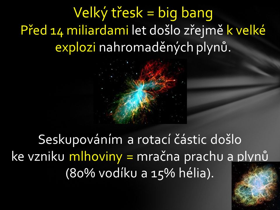 Velký třesk = big bang Před 14 miliardami let došlo zřejmě k velké explozi nahromaděných plynů.