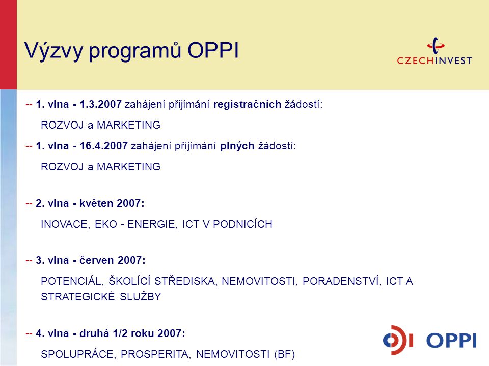 Výzvy programů OPPI vlna zahájení přijímání registračních žádostí: ROZVOJ a MARKETING.
