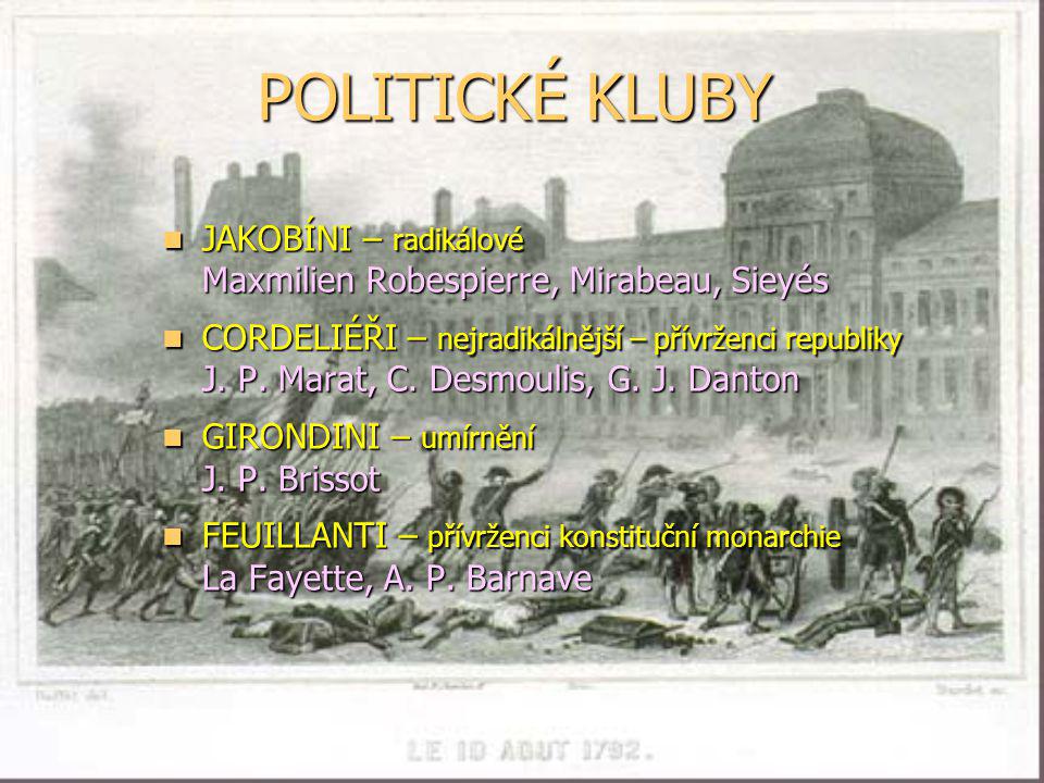 POLITICKÉ KLUBY JAKOBÍNI – radikálové Maxmilien Robespierre, Mirabeau, Sieyés.