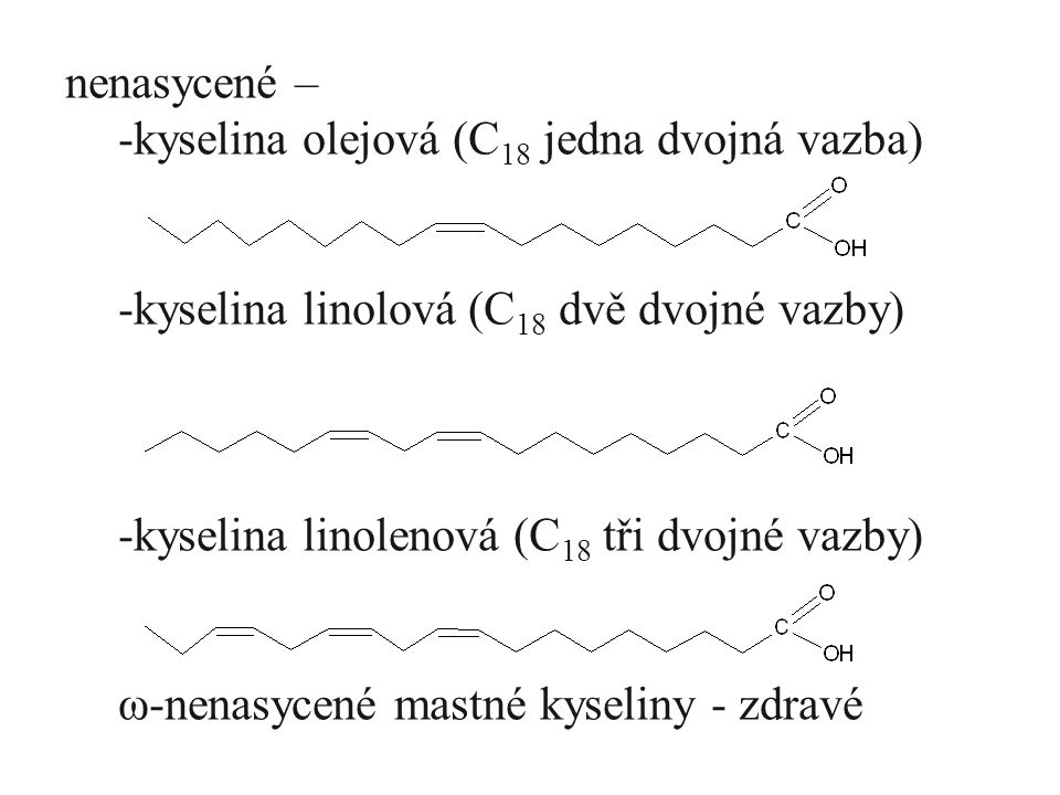 nenasycené – kyselina olejová (C18 jedna dvojná vazba) kyselina linolová (C18 dvě dvojné vazby) kyselina linolenová (C18 tři dvojné vazby)
