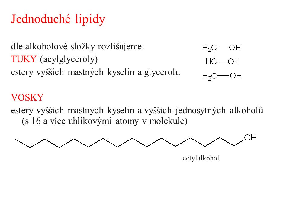 Jednoduché lipidy dle alkoholové složky rozlišujeme: