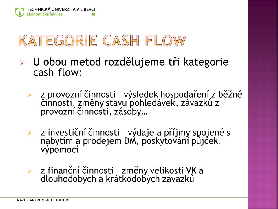kategorie cash flow U obou metod rozdělujeme tři kategorie cash flow: