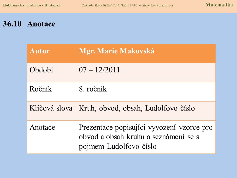 36.10 Anotace Autor Mgr. Marie Makovská Období 07 – 12/2011 Ročník