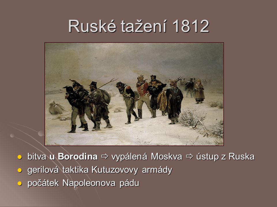 Ruské tažení 1812 bitva u Borodina  vypálená Moskva  ústup z Ruska