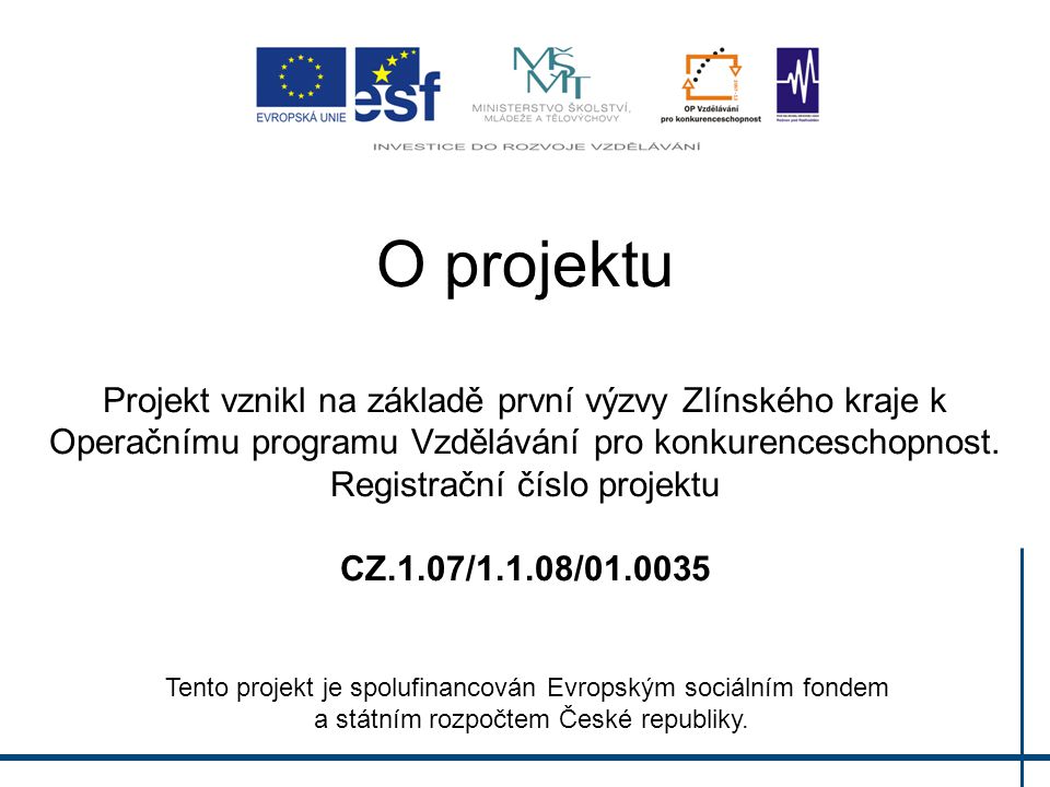 O projektu Projekt vznikl na základě první výzvy Zlínského kraje k Operačnímu programu Vzdělávání pro konkurenceschopnost. Registrační číslo projektu CZ.1.07/1.1.08/