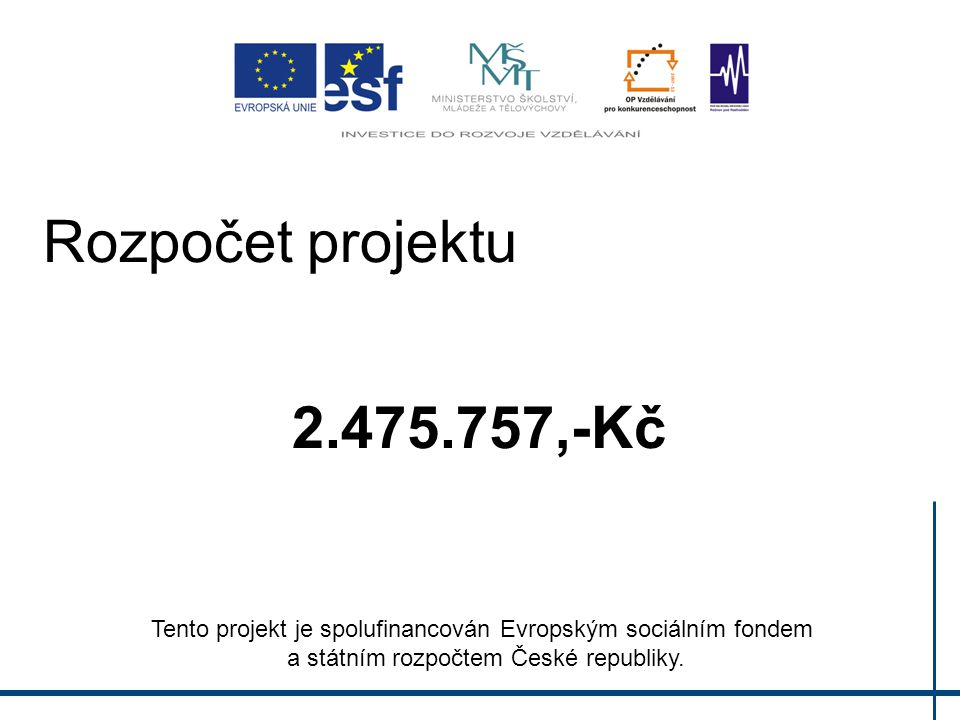 Rozpočet projektu ,-Kč Tento projekt je spolufinancován Evropským sociálním fondem.