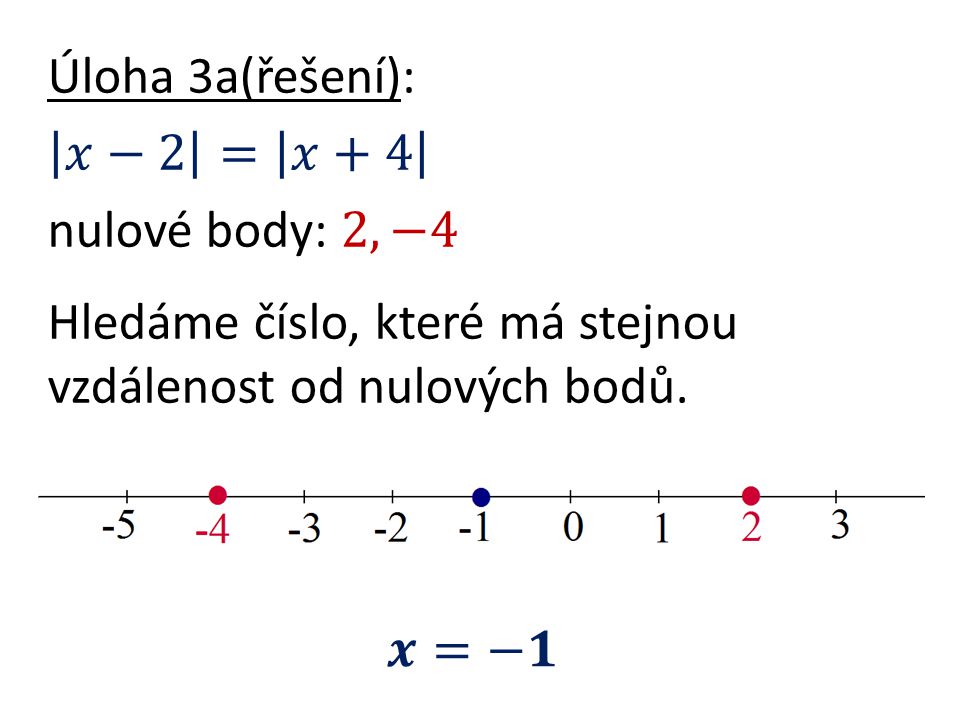 Úloha 3a(řešení): 𝑥−2 = 𝑥+4 nulové body: 2, −4 Hledáme číslo, které má stejnou vzdálenost od nulových bodů.