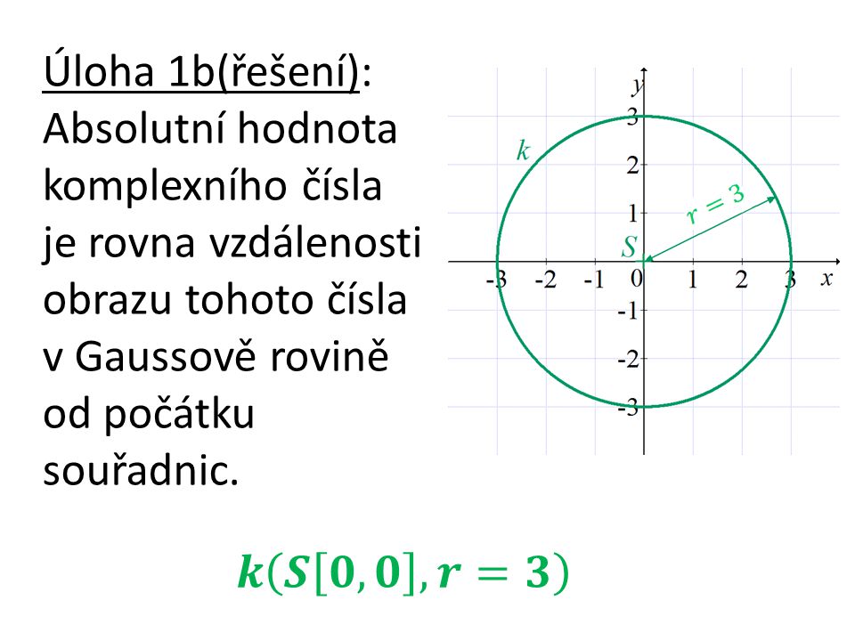Úloha 1b(řešení): Absolutní hodnota komplexního čísla je rovna vzdálenosti obrazu tohoto čísla v Gaussově rovině od počátku souřadnic.