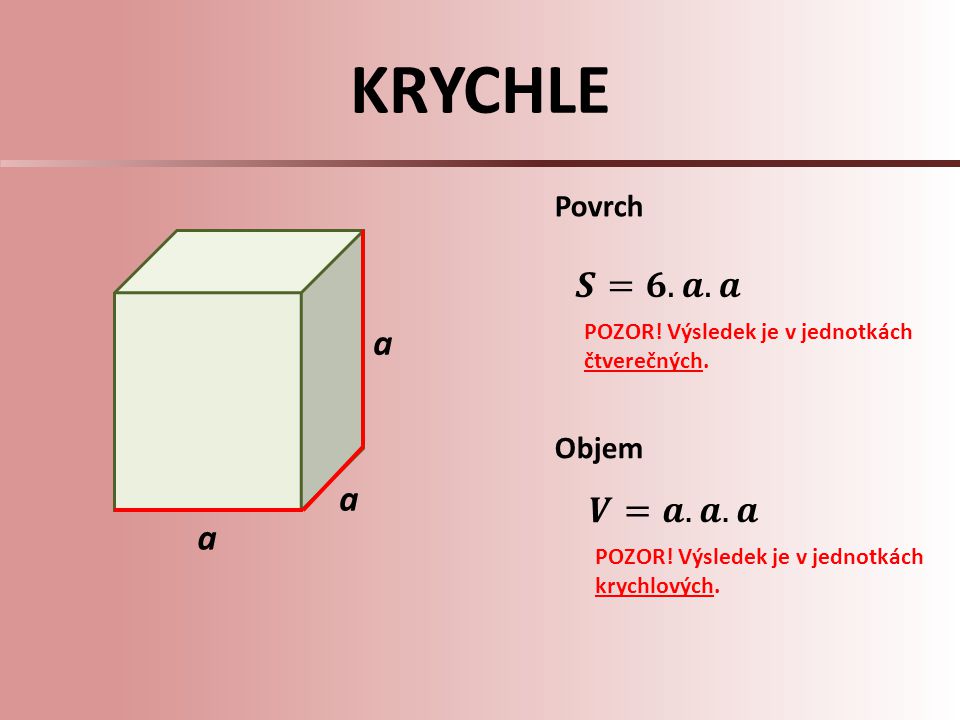 KRYCHLE 𝑺=𝟔.𝒂.𝒂 a a 𝑽=𝒂.𝒂.𝒂 a Povrch Objem