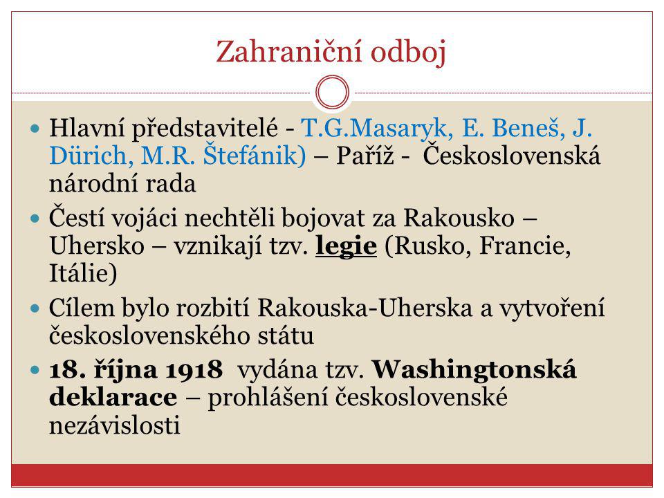 Zahraniční odboj Hlavní představitelé - T.G.Masaryk, E. Beneš, J. Dürich, M.R. Štefánik) – Paříž - Československá národní rada.