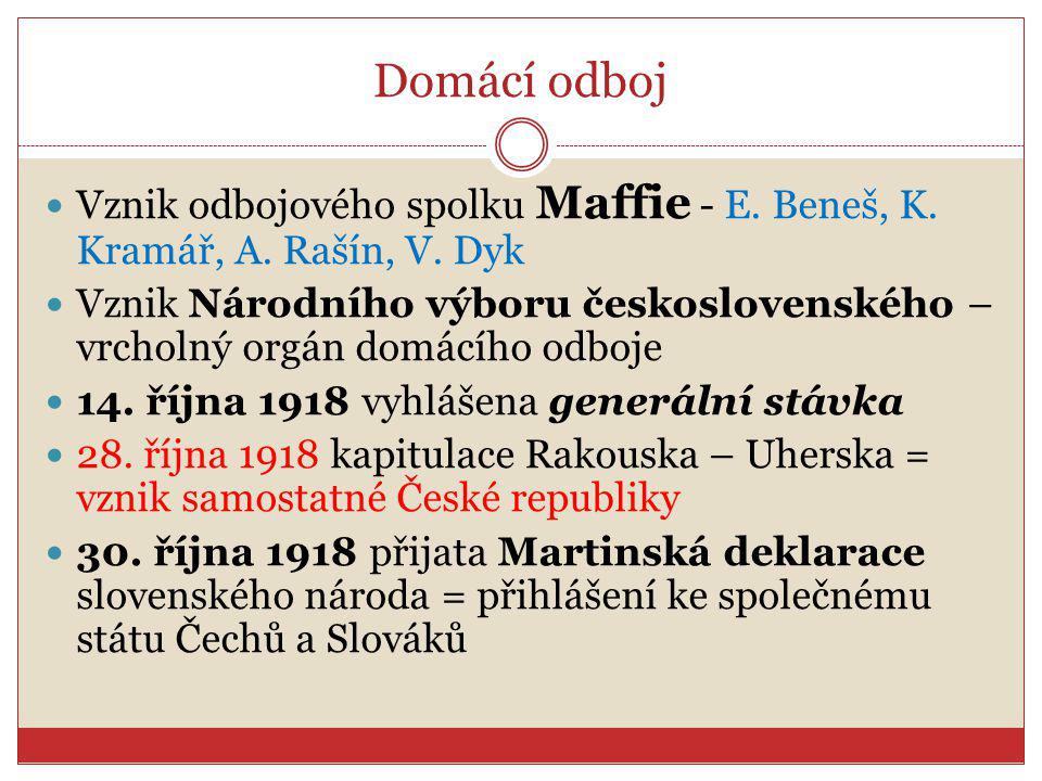 Domácí odboj Vznik odbojového spolku Maffie - E. Beneš, K. Kramář, A. Rašín, V. Dyk.
