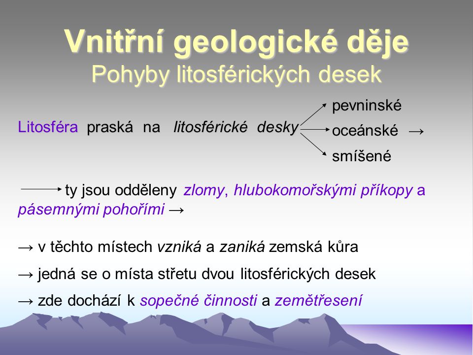 Vnitřní geologické děje Pohyby litosférických desek