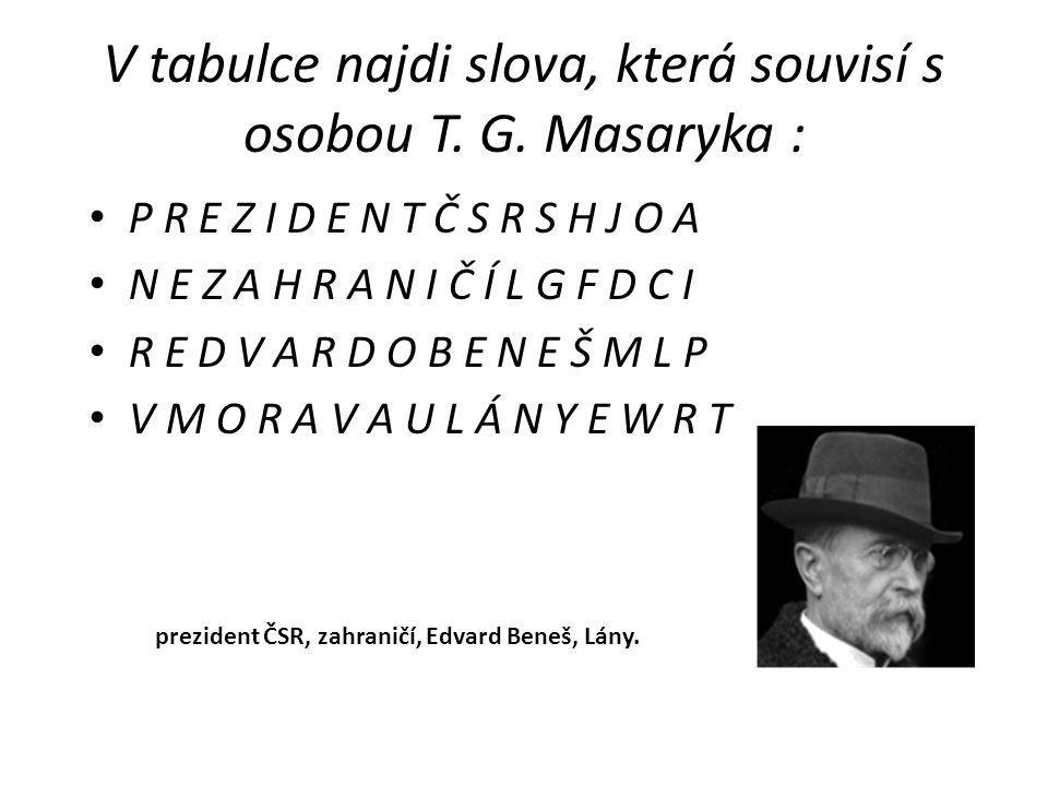 V tabulce najdi slova, která souvisí s osobou T. G. Masaryka :