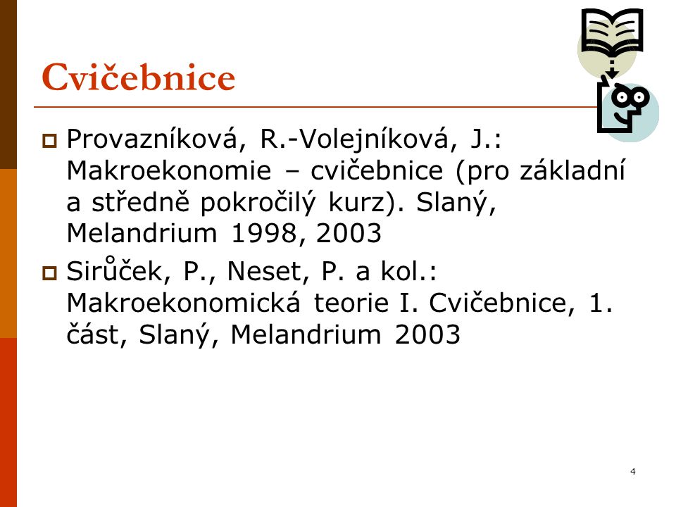 Cvičebnice Provazníková, R.-Volejníková, J.: Makroekonomie – cvičebnice (pro základní a středně pokročilý kurz). Slaný, Melandrium 1998,
