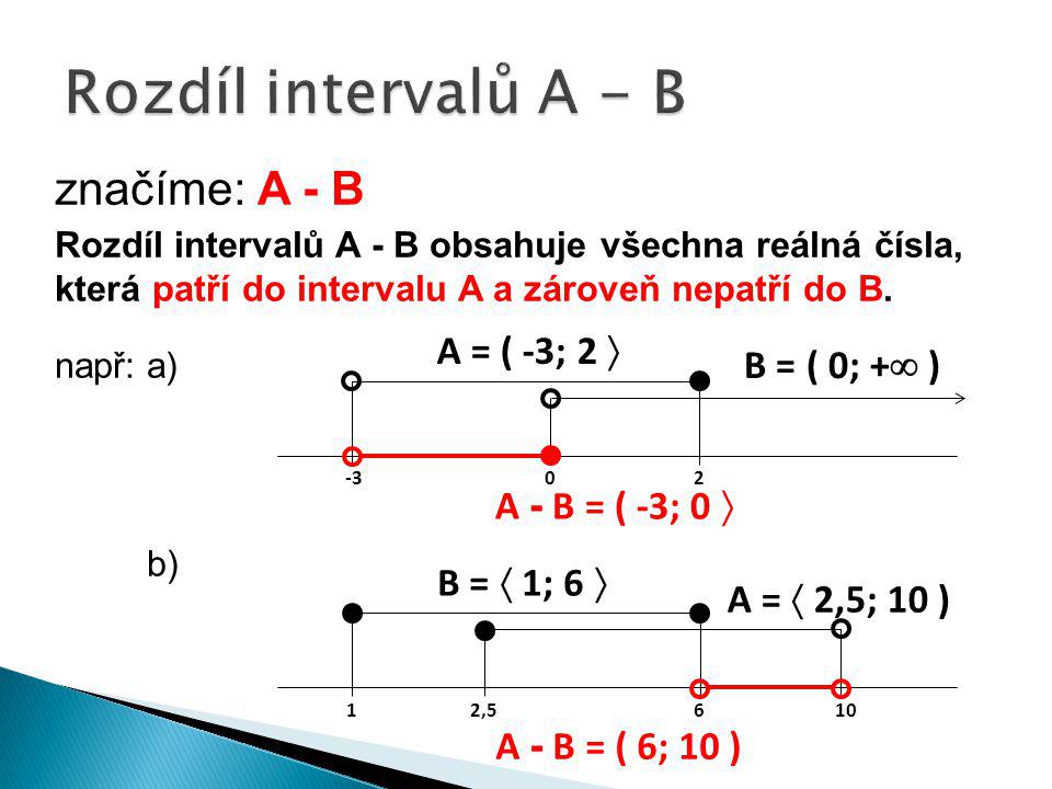 Rozdíl intervalů A - B značíme: A - B A = ( -3; 2  B = ( 0; + )