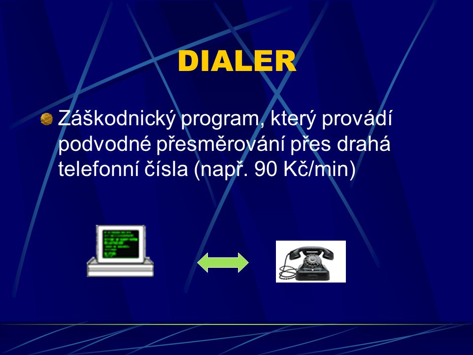 DIALER Záškodnický program, který provádí podvodné přesměrování přes drahá telefonní čísla (např.