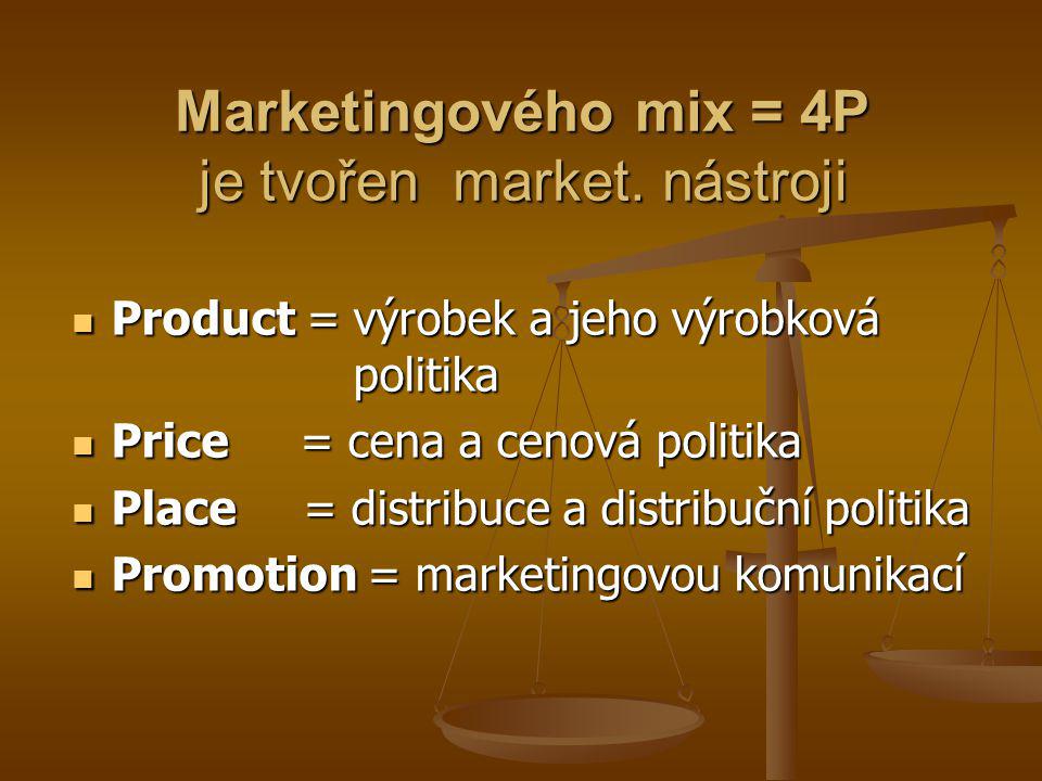 Marketingového mix = 4P je tvořen market. nástroji