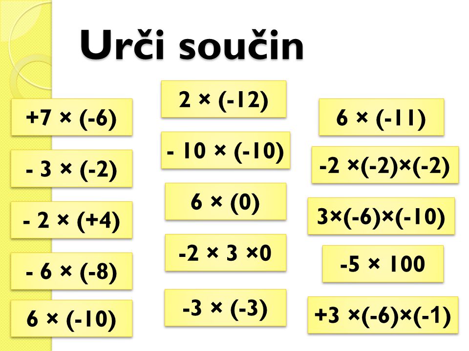 Urči součin 2 × (-12) +7 × (-6) 6 × (-11) - 10 × (-10) -2 ×(-2)×(-2)