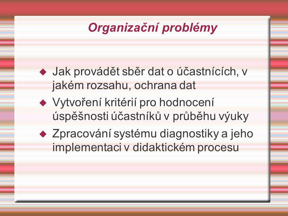 Organizační problémy Jak provádět sběr dat o účastnících, v jakém rozsahu, ochrana dat.