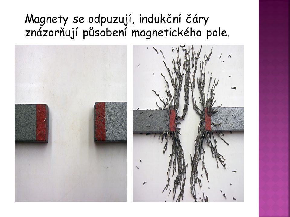 Magnety se odpuzují, indukční čáry znázorňují působení magnetického pole.