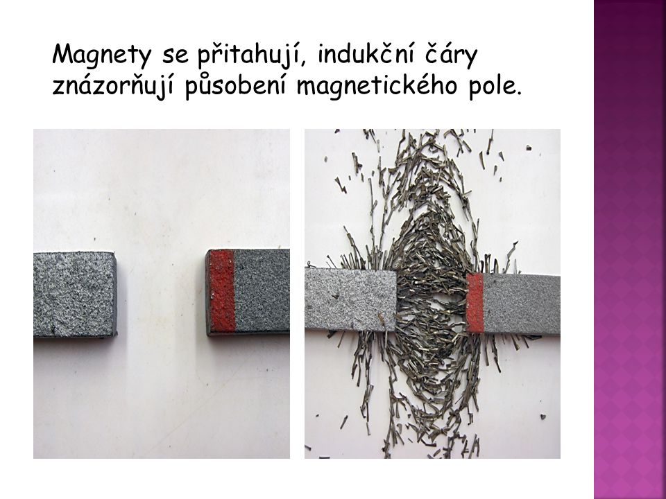 Magnety se přitahují, indukční čáry znázorňují působení magnetického pole.