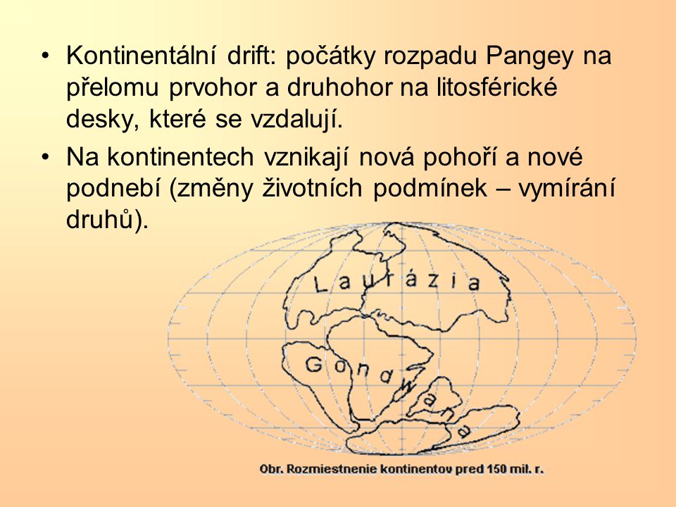 Kontinentální drift: počátky rozpadu Pangey na přelomu prvohor a druhohor na litosférické desky, které se vzdalují.