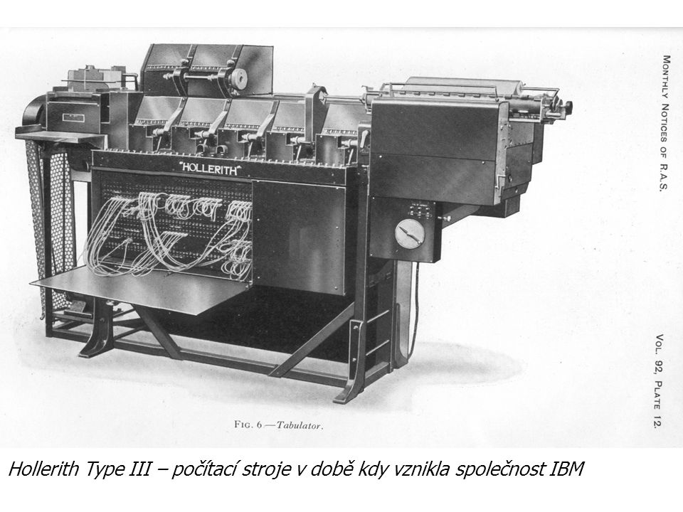 PŘEDCHŮDCI POČÍTAČŮ Hollerith Type III – počítací stroje v době kdy vznikla společnost IBM